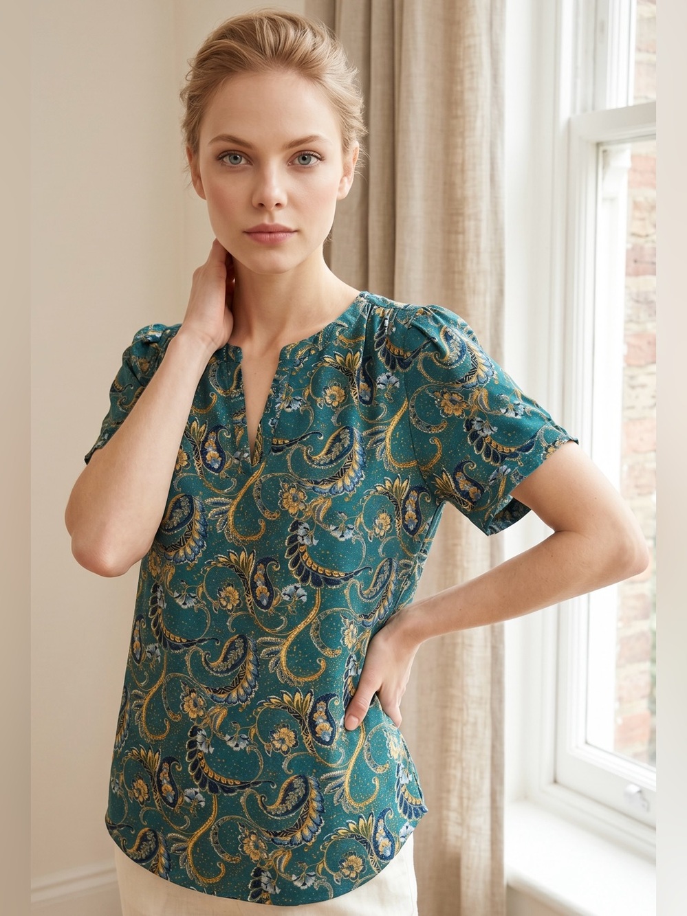 DR2 Teal Paisley Short Sleeve Blouse